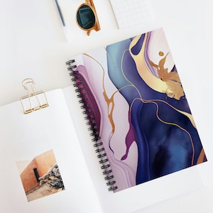 Amazing Marble Print Blue Pink Purple Gold Marble Spiral Notebook - Ruled Line - Beautiful Pattern Marble Journal Gift Writing Books Goals