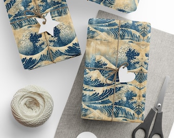 Papel de regalo con ondas artísticas japonesas, papel de regalo navideño, papel de regalo para regalos navideños, papel de regalo artístico, tema artístico japonés