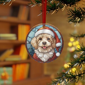 Adorno de búho estilo vidriera de perro cachorro, adornos de metal ligeros e inastillables, adorno de Navidad, adorno de perro de Navidad de intercambio