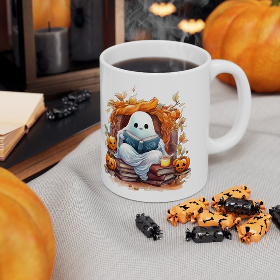 Bücherwurm Becher Niedlicher Geist Buchleser Becher - Bücherwurm Geschenk Becher Keramikbecher 11oz - Buchliebhaber Leser Lese Geschenk Becher Halloween Geister Becher Witchy