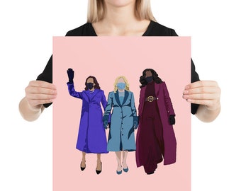 May include: Three women wearing face masks and coats stand together on a pink background. The woman on the left is wearing a purple coat and waving. The woman in the middle is wearing a light blue coat. The woman on the right is wearing a burgundy coat.