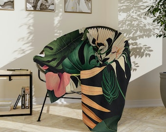 Terrific Tropical Monstera Leaf Pattern Throw Sofa Bed Blanket  - Soft Thick Velveteen Minky Throw Blanket Gift Blanket Throw Nature Theme