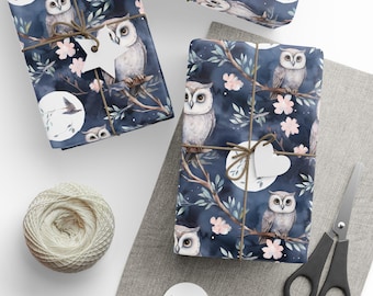Papel de regalo con diseño de búho azul y luna, papel de regalo de Navidad, papel de regalo para regalos de Navidad, papel de regalo de búho, amante de los búhos, animal espiritual búho