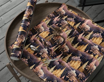 Bezauberndes klassisches Vintages Weihnachtsart-Dorf Geschenkpapier lila rosa Goldtöne Weihnachten bunt Geschenkpapier Weihnachten