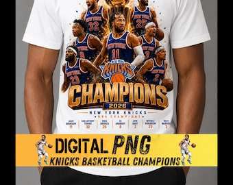 May include: A white t-shirt featuring a graphic of the New York Knicks basketball team with the text CHAMPIONS 2026, player names, and numbers. The design includes a championship trophy, basketballs, and a yellow banner with DIGITAL PNG text.