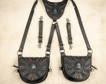 Handmade Leather Dual Holster: Festival Steampunk Hip Bag | Unisex Handmade Leather Belt |Double Utility Bag with Gemstones