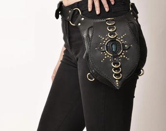 Handmade Leather Festival Belt Bag with Labradorite Gemstone, Edgy Utility Pocket Bag