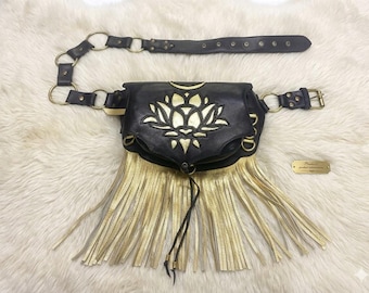 Black Leather Hip Bag, Lotus Cutout, Fringe, Boho Festival Style