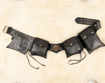 Riñonera de cuero con gema de labradorita, bolso de cintura utilitario estilo steampunk.