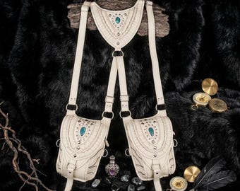 Steampunk Genuine Leather Double Holster Bag with Gemstones | Festival Utility Harness | Festival Steampunk Holster