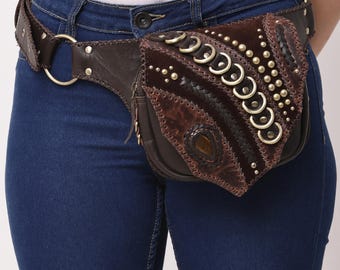 Genuine Leather Belt Bag Waist Pouch Black Utility Belt Festival Goth Boho Handmade Black Leather Belt Bag, Gothic Hip Pouch, Festival  main image 4