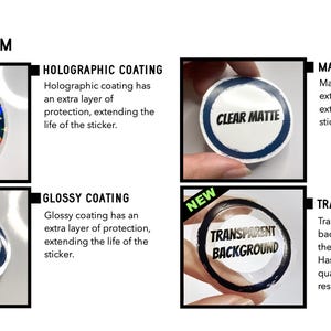 May include: A comparison chart titled FINISHES TO CHOOSE FROM displaying four circular stickers with different finishes: Holographic, Clear Matte, Clear Glossy, and Transparent Background. Each sticker is shown with its specific coating description.