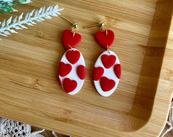 Valentines Day Clay Earrings, Heart Clay Earrings, Heart Dangle Earrings, Valentines Day Gift for Fiancé, Statement Polymer Clay Earrings