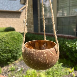 May include: A hanging planter made from a natural coconut shell. The brown shell is suspended by three strands of natural rope. The planter is empty and ready for a small plant. Perfect for a patio or garden.