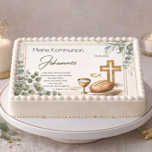 Tortenaufleger Kommunion  Eckig grün Kreuz Kommt her und Esst! Esspapier Fondant Brot gold fisch Tortendeko eigener Vers, Psalm
