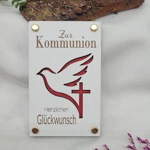 Glückwunschkarte Kommunion aus Holzfaser hochwertig edel   Geldkarte Fisch Kreuz Taube edel Karte Geschenk Geldgeschenk Gravur