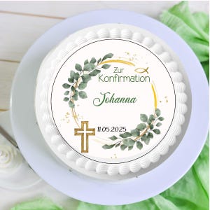 Tortenaufleger Konfirmation Tortendeko Kreuz Fisch gold Eukalyptus Efeu gold grün