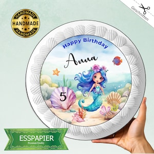 Tortenaufleger Meerjungfrau Essbar auf Esspapier mit Zahl und Namen Happy Birthday