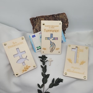 Holzkarte Kommunion Geschenkkarte Geldkarte Kreuz Fisch Taube Gutschein Glückwunschkarte Geschenk Holz
