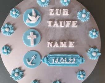 Tortendeko Taufe Kommunion modern Firmung Fondant Zuckerdeko Junge Mädchen Kreuz  Taube Anker handarbeit