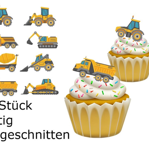 Edible muffin toppers cut by construction site excavator truck children's birthday party