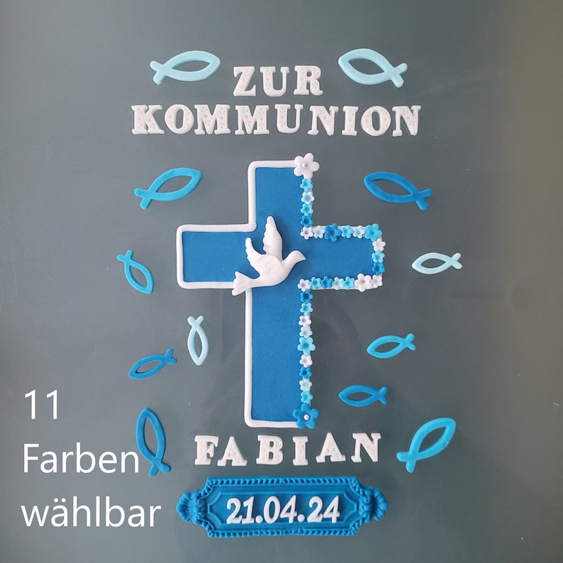 Tortendekoration Kommunion Kreuz Fische Taube Fondant Tortendeko essbar Bild 1