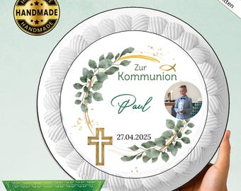 Essbarer Tortenaufleger Kommunion mit Foto Kreuz Fisch eukalyptus goldrahmen Tortendekoration Aufleger