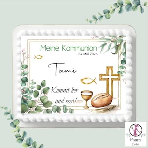 Tortenaufleger Kommunion  Eckig grün Kreuz Kommt her und Esst! Esspapier Fondant Brot gold fisch Tortendeko