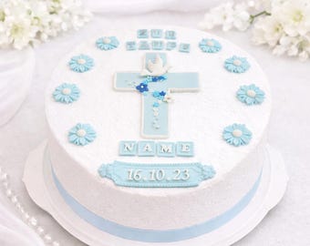 Essbare Tortendekoration zur Taufe Kommunion Geburt. Kreuzmotiv mit Taube ideal für Tauftorten Aufleger Tortendeko Fondanttorten Festtorte