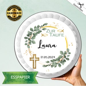 Tortenaufleger Zur Taufe Eukalyptus Kreuz Fisch gold grün Esspapier personalisiert Tortendeko Tortenbild
