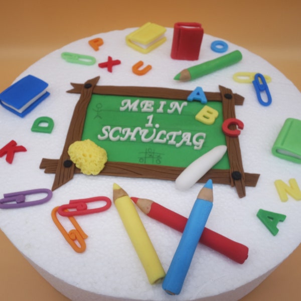 Zuckerdeko Einschulung  Caketopper Schultag  Stifte Tafel Fondant Schule Fondant Tortendeko Schulanfang Schultafel