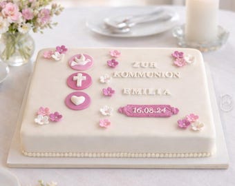Essbare Tortendekoration Kommunion zur Taufe Firmung Fondantdeko Zuckerdeko Personalisiert mit Name Datum Aufleger Kommuniontorte