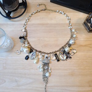 Upcycled Necklace Charm Cluster Necklace Crystal Pearl Jewelry Gift for Her Necklace Sustainable Jewelry Crystal Necklace Repurposed Charms