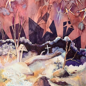 Oryginalna akwarela gwiaździsty krajobraz surrealistyczny las - Caroline Alaska