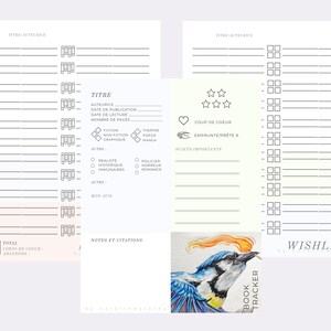 Peut inclure: Un suivi de lecture imprimable avec une illustration d'un oiseau bleu. Le suivi comprend des sections pour le titre, l'auteur, la date de publication, la date de lecture, le nombre de pages, le genre, la note, les notes et les citations. Le suivi comprend également une section de liste de souhaits.