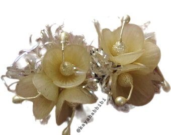 Vintage 1950s Signed Western Germany Lucite Flower Cluster Drop Dangle Clip-On Earrings 1.25" - Spun Iridescent Thread Mid-Century