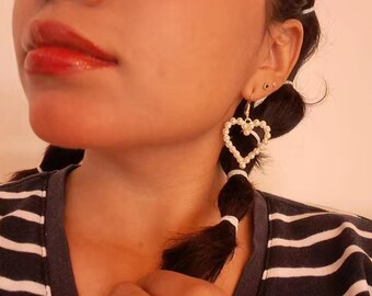 Faux Pearl Heart Gold Dangle Earrings