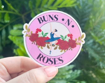 Buns N Roses Sticker, Dance, Ballet, Ballerina, Punny, Laptop Sticker