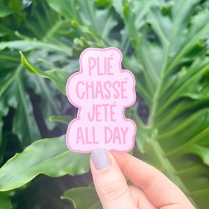 May include: Pink sticker with the text "Plié Chassé Jeté All Day" on a green leafy background.