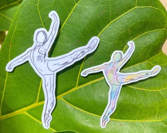 May include: Two dancers in a ballet pose. One dancer is outlined in black and white, while the other is in a watercolor style with shades of pink, blue, and yellow.