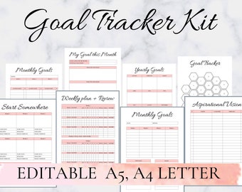 Goal Tracker Kit, planner goal, printable goal planner, goal tracker printable, Weekly Monthly Yearly Goal Tracker Editable A5 A4 Letter