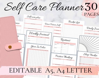 Self care planner printable, Wellness Planner, Self care journal, Self Care Worksheet, Mental Health Journal, Mood Tracker, Editable A4 A5