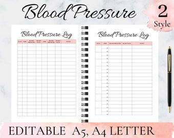 Printable Blood Pressure, blood pressure tracker, blood pressure monitor, blood pressure log, Blood Pressure Editable A4 A5 Letter