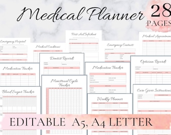 Printable medical planner, Medical planner, Health Care Planner, Medical Binder, Wellness Planner, Blood Pressure Tracker, Editable A4 A5