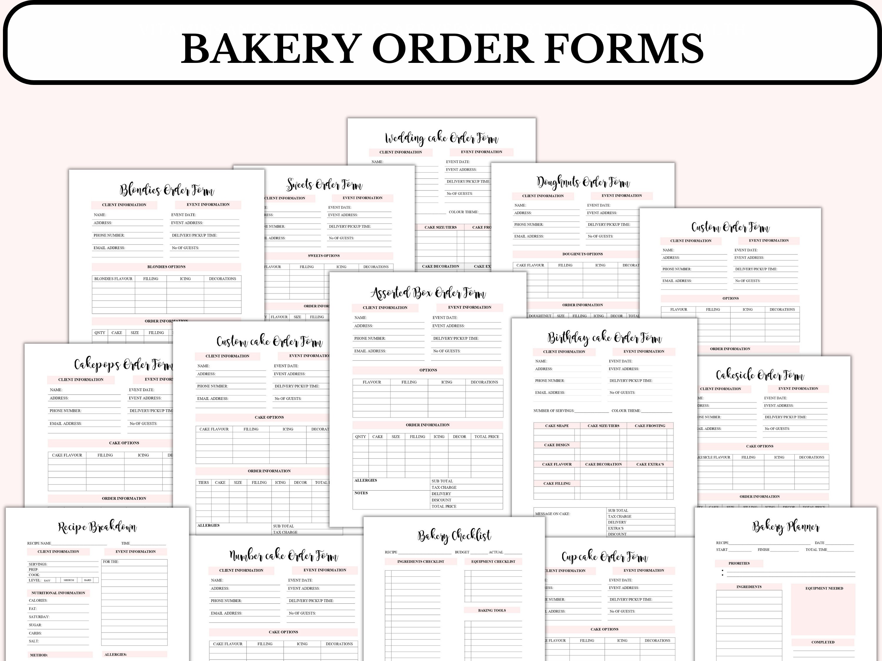 Bakery Business Planner, Bakery Planner, Bakery Order Fomr, Business