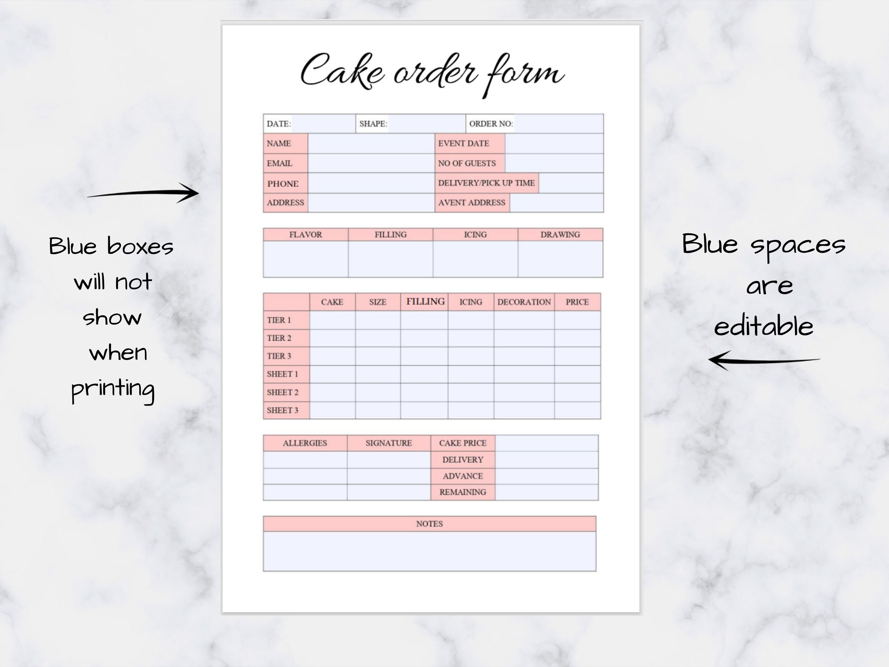 Cake Order Form Printable Cake Order Form Bakery Order Form Etsy UK