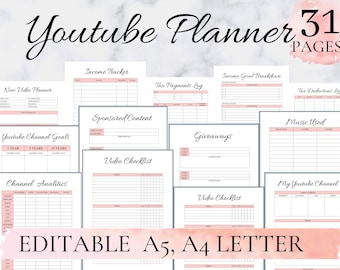 Youtube Planner, Youtube Planner Printable, youtube planner digital, Vlog And Video Organizer, Youtube Video Planner, Editable A4 A5 Letter