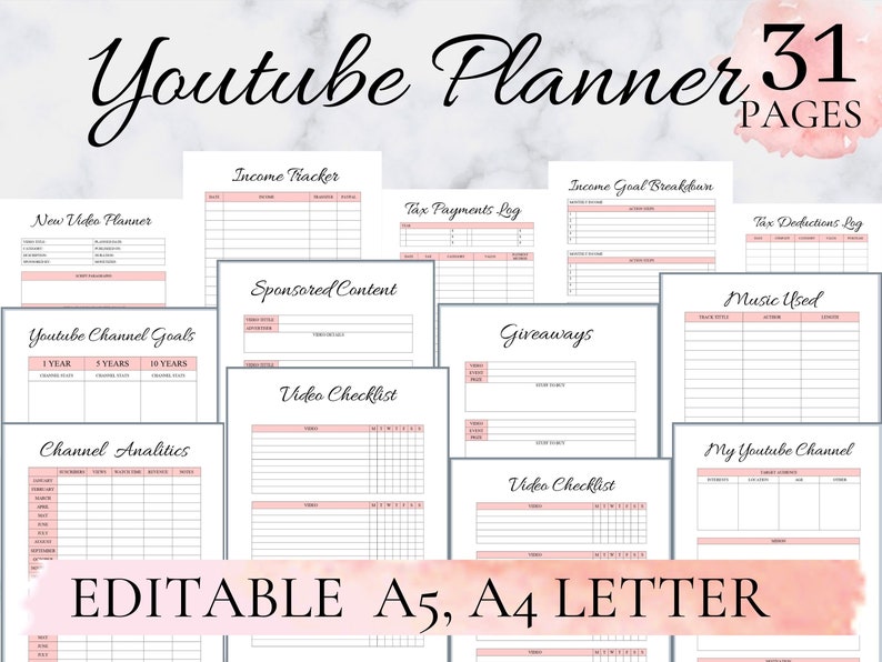 Youtube Planner, Youtube Planner Printable, Youtube Planner Digital