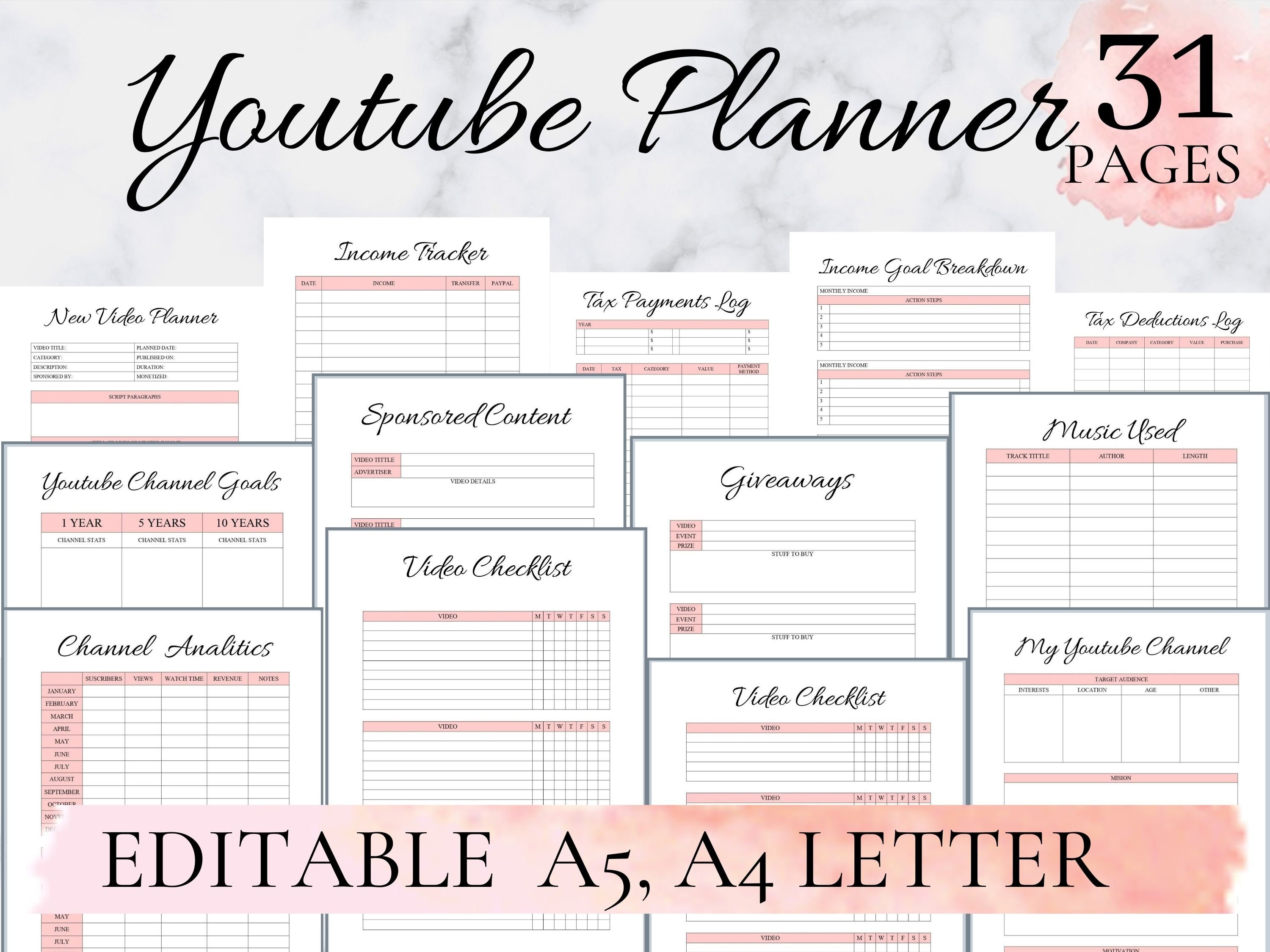 Youtube Planner, Youtube Planner Printable, Youtube Planner Digital