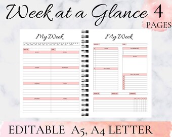 Week at a Glance printable Weekly Planner Printable Week at a Glance Templates Weekly Schedule Template weekly inserts Editable A4 A5 Letter